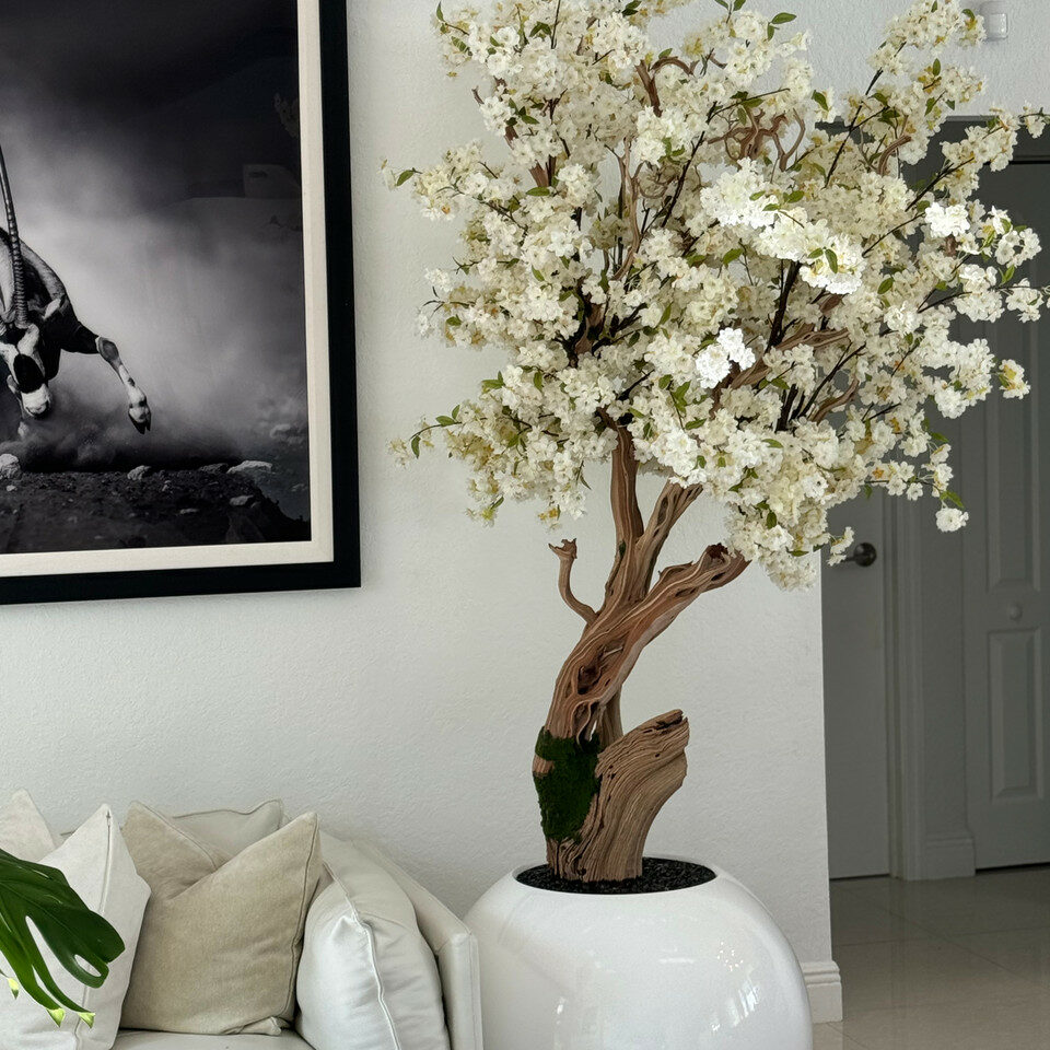 Glossy white ball vase with personalized cherry blossom tree