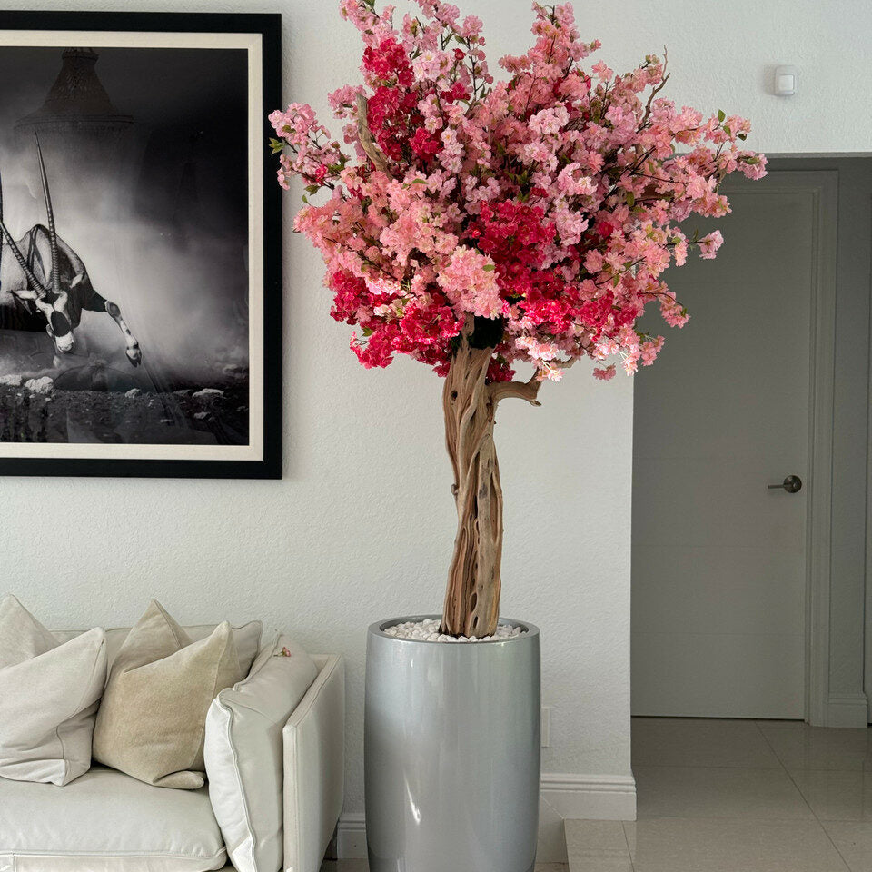 Lisbon vase in shiny silver with personalized tricolor pink cherry blossom