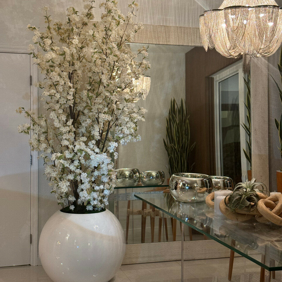 76 cm glossy white ball vase with white cherry branches
